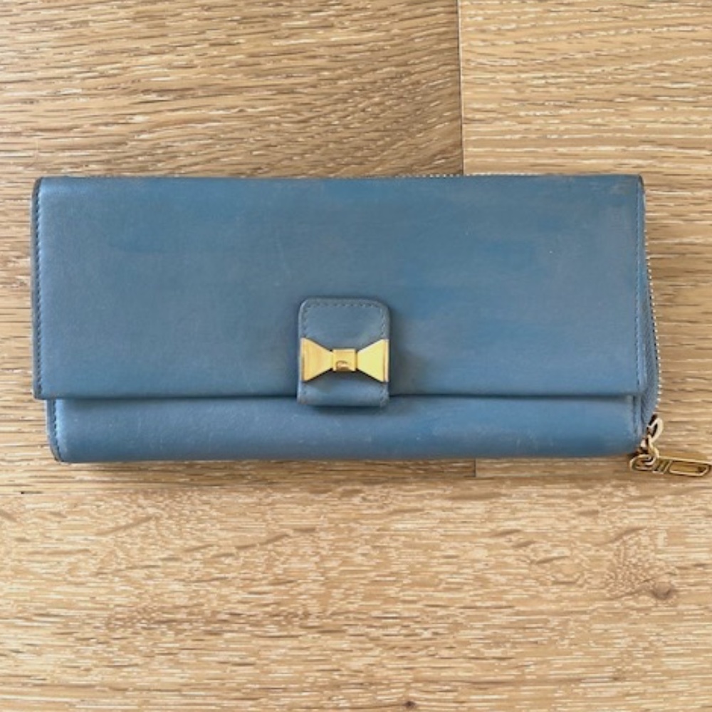 Chloe Blue Leather Bow Continental Wallet with Gold Hardware